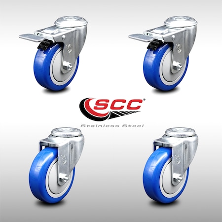 Service Caster 4 Inch SS Blue Polyurethane Swivel Bolt Hole Caster Set with 2 Total Lock Brake SCC-SSBHTTL20S414-PPUB-BLUE-2-S-2
